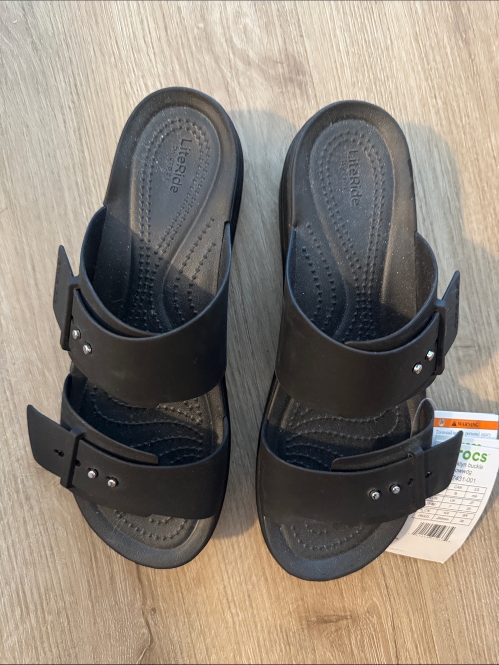 CROCS Black Double Strap Slide Sandals with Silver Stud Fasteners - Picture 2 of 10